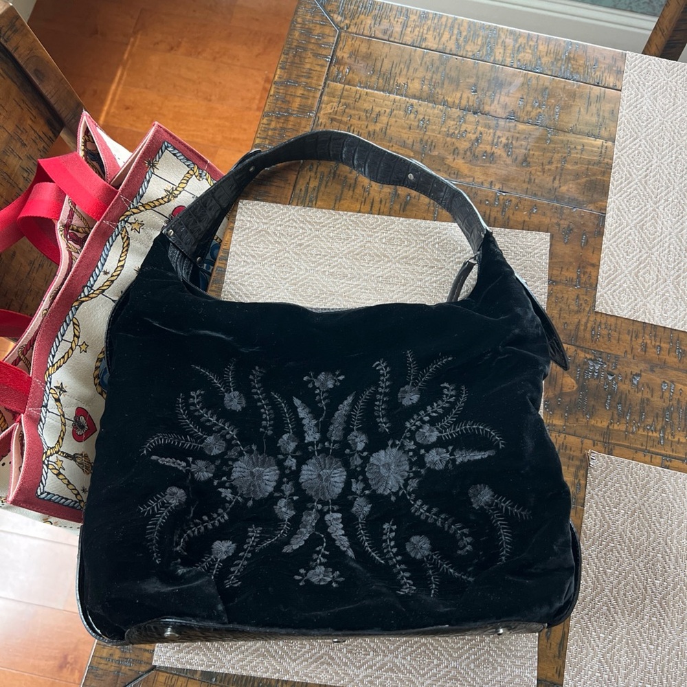 Donald J. Pliner Black Velvet Shoulder Bag with Tonal Floral Embroidery